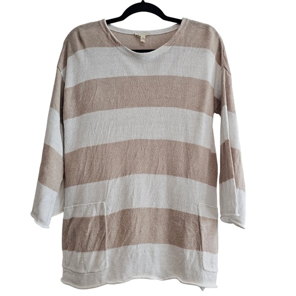 Eileen Fisher Striped Knit Tunic Sweater Size S Crew Neck Pockets - Picture 2 of 7